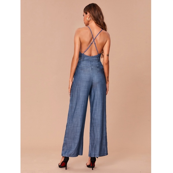 Belted Cami Wide Leg Blue Jumpsuit - Picture 3 of 7